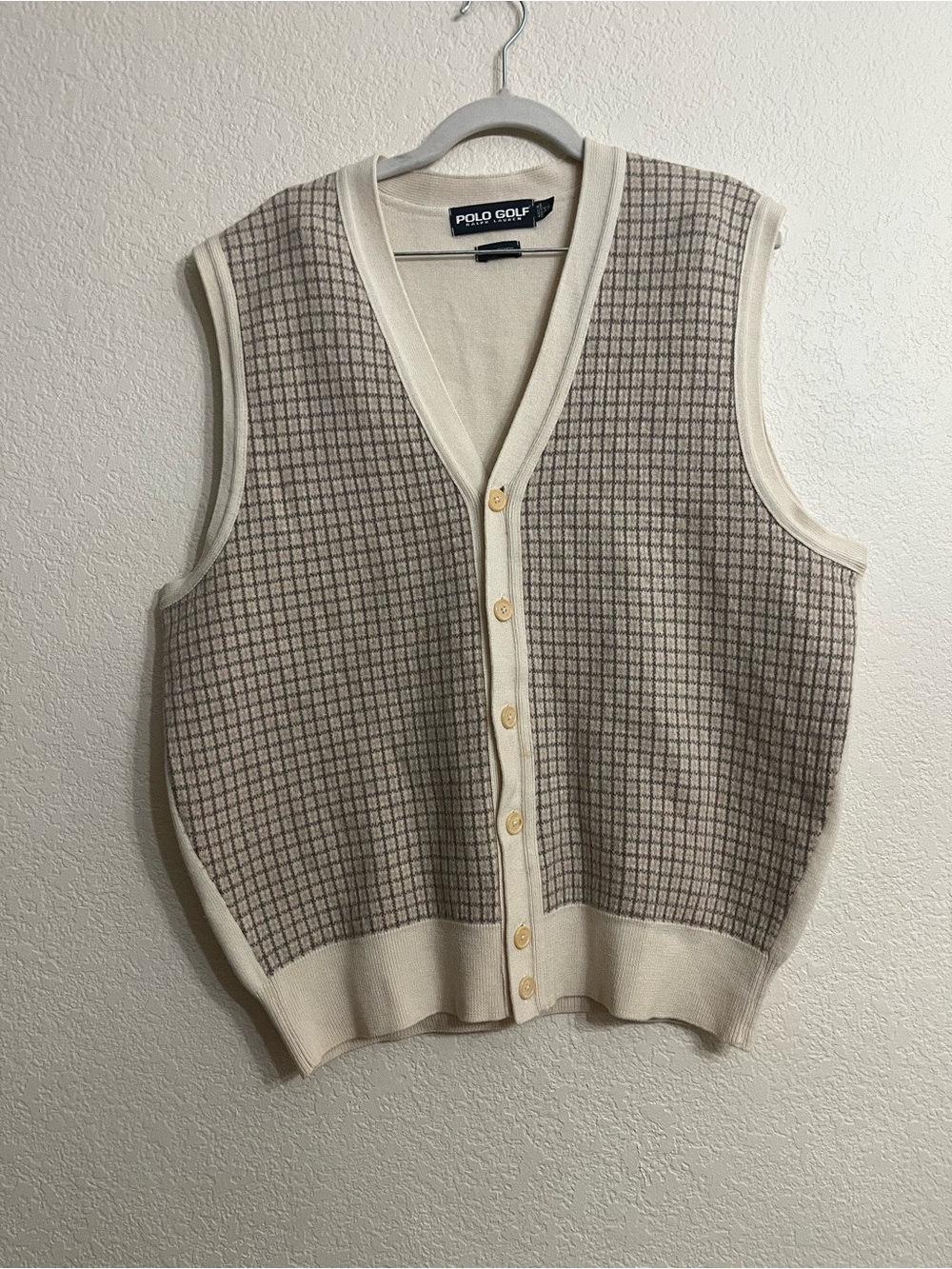 Grandpacore preppyPolo by Ralph Lauren Cream & Brown Checked Knit Button-Up Vest